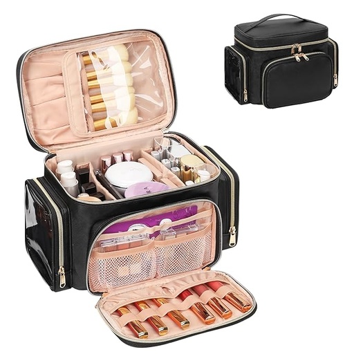 [ASIN ‏ : ‎ B0CQS4SZKG] Bolsa de maquillaje grande, organizador portátil de maquillaje para mujeres y niñas con compartimento para brochas de maquillaje y dos bolsillos laterales, bolsa de viaje para cosméticos,