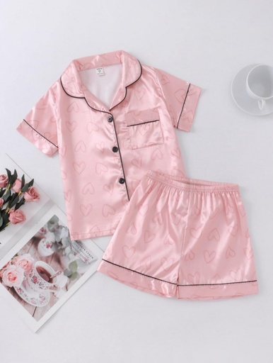 [si2212124731108002] Girls Heart Print Contrast Piping Satin PJ Set