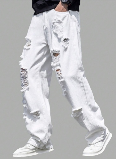 [sk2310097785807215] Teen Boy Casual Loose Fit Mid Waist Ripped Straight Leg Jeans