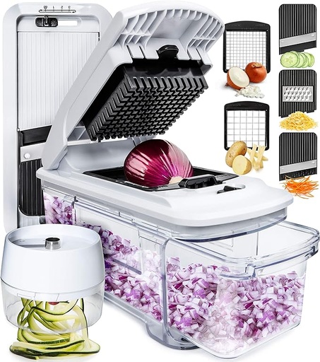 [B07VG4S38C] Fullstar Picador de verduras todo en 1, cortador de mandolina y rallador de queso, cortador de papas fritas de múltiples cuchillas y cortador de verduras, incluye espiralizador de mano y utensilios de
