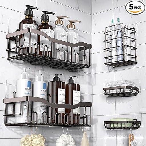 [B0CLL8G3NY] EUDELE Organizador adhesivo para ducha, paquete de 5 organizadores de baño de acero inoxidable sin taladrar, gran capacidad, a prueba de óxido, para almacenamiento de baño y decoración del hogar
