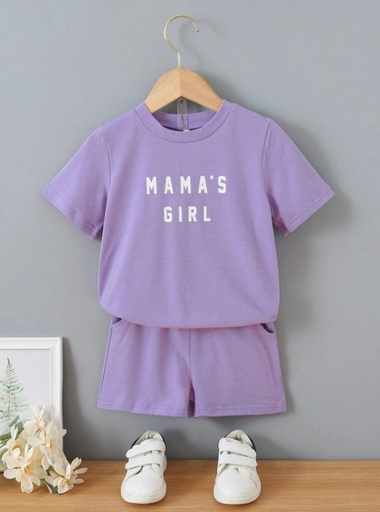 [sk2202146150603350] Young Girl 2pcs/Set Casual Letter Print Short Sleeve Round Neck T-Shirt And Shorts Suit For Summer