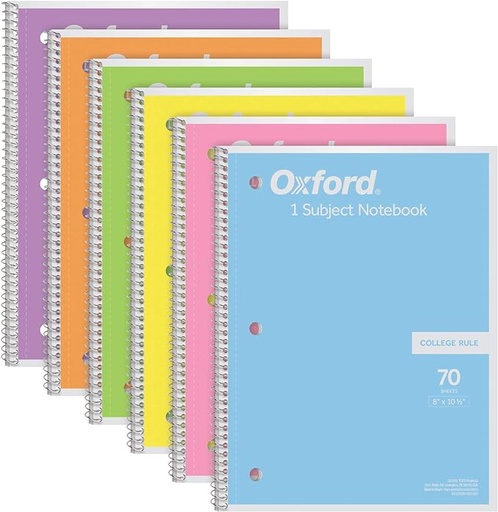 [B08VF9B772] Oxford 63756 - Cuaderno espiral (6 unidades, 1 disciplina, papel con reglas, 8 x 10-1/2 pulgadas), color rosa pastel, naranja, amarillo, verde, azul y morado, 70 hojas (63756)