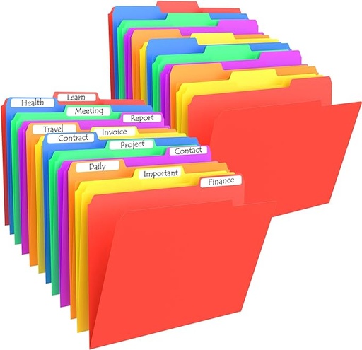 [B0CJXS22P4] HABGP 100 carpetas de archivos de colores tamaño carta con pestañas, carpetas de manilla de 8.5 x 11, carpetas de plástico Manila de corte 1/3, carpetas de archivos de suministros de oficina para documentos, archivador, papel, escuela