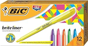 [B008SOAN9I] BIC Brite Liner - Resaltadores, punta de cincel, paquete de 12 resaltadores de colores surtidos, juego de resaltadores ideal para organizar y colorear