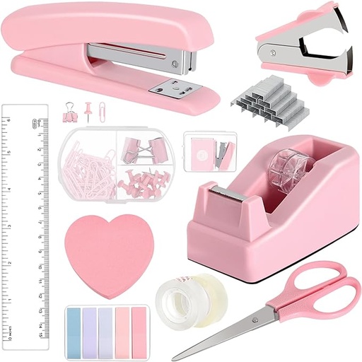 [B0CZ6TLMMN] Office Supplies Set, Pink Stapler and Tape Dispenser Set with Staple Remover, Stapler and Staples Set with 1000 Staples, Clips, Tape, Scissor and Tabs, Desk Accessories for Student