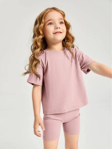 [sS2101200044045469] Young Girl Cotton Drop Shoulder Top & Biker Shorts Set