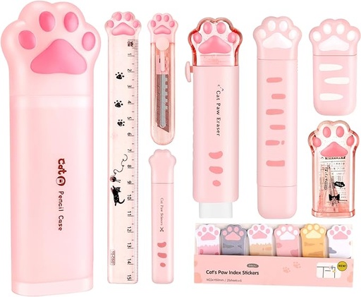 [B0CGVJ2B1X] PANDENNER Bonitos suministros escolares, bonitos artículos de papelería japoneses para niños, incluye sacapuntas, borrador, cinta de corrección, regla, mini tijeras, cuchillo utilitario, para