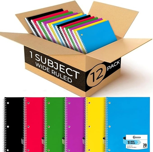 [B0BWFD3X5S] Rosmonde Cuadernos en espiral, paquete de 12, 1 cuaderno de materia, rayas anchas, 70 hojas, 8 x 10-1/2 pulgadas, 3 agujeros perforados, suministros escolares, cuaderno de espiral de una sola materia