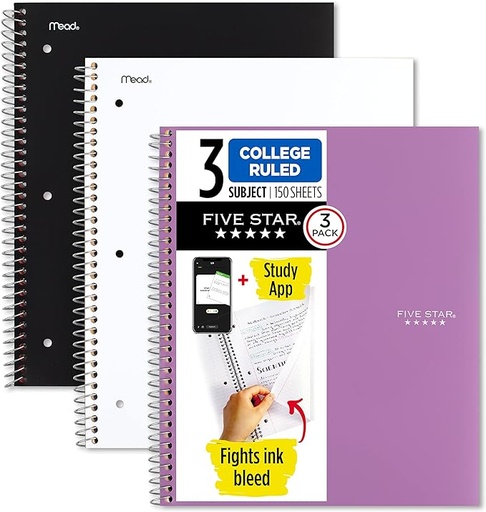 [B0BNWC7JG7] Five Star Cuaderno de espiral + aplicación de estudio, paquete de 3, 3 materias, papel rayado universitario, combate el sangrado de tinta, cubierta resistente al agua, 8-1/2 x 11 pulgadas, 150 hojas,