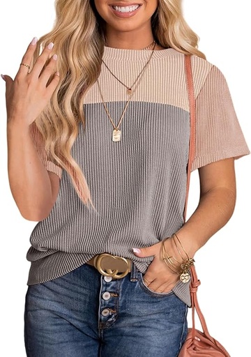 [ASIN ‏ : ‎ B0CR1DNWR6] Dokotoo Camisetas de manga corta con cuello redondo y bloque de color para mujer, de punto, para primavera y verano, casual, holgadas