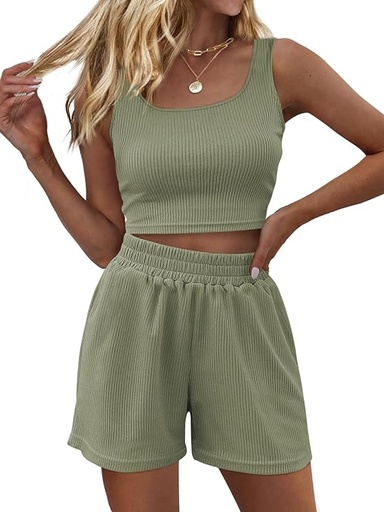 [B0CVZVMWYK] Trendy Queen Conjunto de dos piezas de verano para mujer, pantalones cortos de 2 piezas, sin mangas, a juego, top corto y pantalones cortos de cintura alta