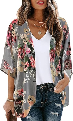 [B07DWXMJFP] Cárdigan tipo kimono para mujer, de manga abombada con estampado floral, casual