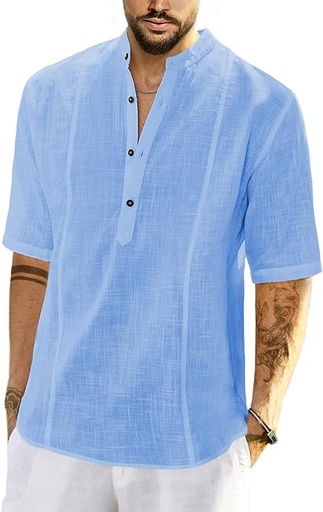 [B09X1CSHGY] JMIERR Camisa Henley de algodón y lino para hombre, estilo casual, con botones, manga corta, tropical, para verano y playa