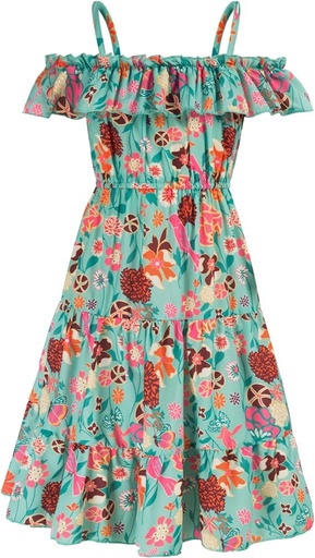 [B09PNCTQHG] Vestido de verano para niñas, con hombros descubiertos, volantes, floral, tirantes delgados, casual, vestido midi escalonado