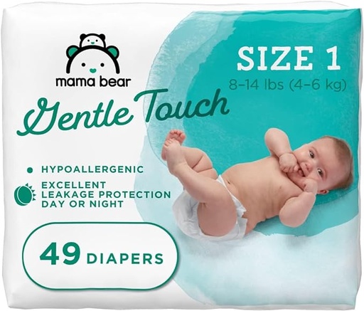 [B07T4WQRN1] Pañales Mama Bear Gentle Touch, hipoalergénicos, talla 1, blanco, 49 unidades