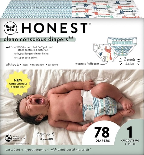 [B0CKV1TTYF] The Honest Company Pañales Clean Conscious | A base de plantas, sostenibles | Puntos y guiones + jirafas multicolor | Club Box, tamaño 1 (8-14 libras), 78 unidades