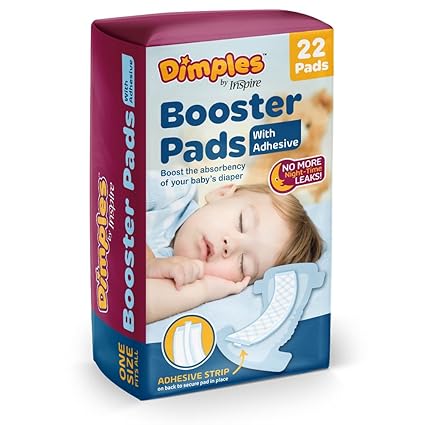 [B0B2X1Y54X] Inspire Dimples Booster Pads, Doubler de pañales para bebé con adhesivo, 1 tamaño para todos los pañales, aumenta la absorción del pañal, no más fugas, 22 unidades (con adhesivo para un ajuste seguro)