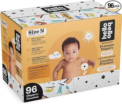 [B09RFBPJS2] Hello Bello Pañales, talla NB (hasta 10 libras) – 96 unidades de pañales desechables de primera calidad para bebés en diseños de paraguas y koala para niños, hipoalergénicos con tacto suave y similar