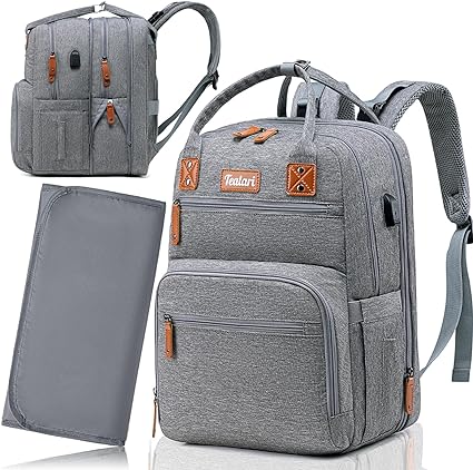 [B0C5NCMYN9] Tealari Extra Large Diaper Bag Backpack, 35L Expandable Twin Diaper Bag For 2 Kids, Unisex Baby Diaper Backpack, Changing Pad (Grey)
