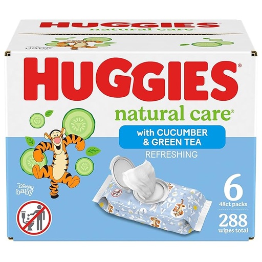 [B08QRL9YMY] Toallitas refrescantes para bebés Natural Care de Huggies. Toallitas para pañales, hipoalergénicas, perfumadas, 6 paquetes con tapa en la parte superior (288 toallitas en total)