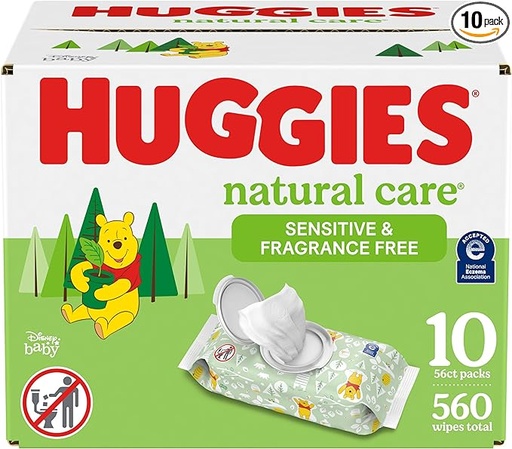 [B07MB5RY9N] Huggies Natural Care Sensitive - Toallitas para bebé, sin perfume, hipoalergénicas, 99 % de agua purificada, 10 paquetes abatibles (560 toallitas en total)
