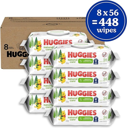 [B007C8NJCE] Huggies Natural Care Sensitive - Toallitas para bebé, sin perfume, hipoalergénicas, 99 % de agua purificada, 8 paquetes abatibles (448 toallitas en total)