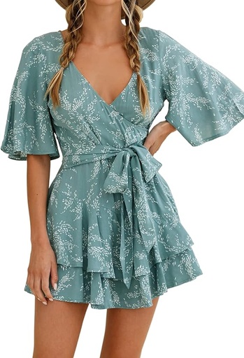 [B0D2LGLPQJ] Relipop Women's Summer Romper Floral V Neck Short Sleeve Waist Tie Knot Ruffle Hem Short Casual Rompers Jumpsuits