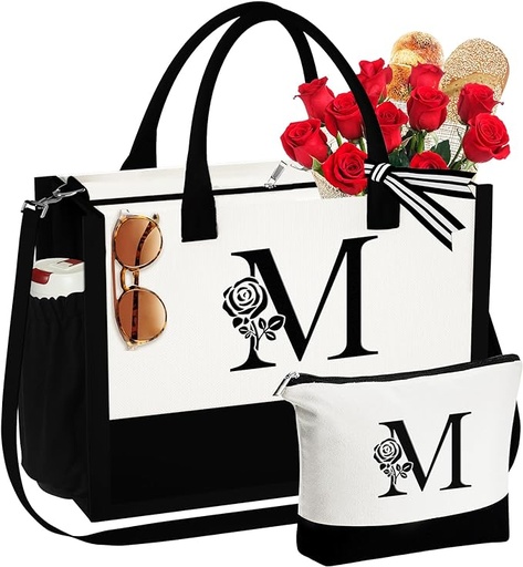 [B0C2BTF6DB] YOOLIFE Regalos para mujeres – Bolsa de lona con inicial y bolsa de maquillaje, correa ajustable, regalo de cumpleaños para el día de la madre para mujeres y ella