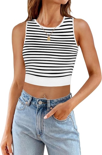[B0CN6VC2XS] MEROKEETY Camisetas sin mangas de punto acanalado para mujer, camisetas sin mangas a rayas Y2K para verano