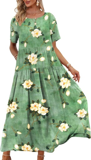 [B0CW3C584S] YESNO Vestido casual suelto floral bohemio con bolsillos de manga corta largo maxi verano playa swing vestidos EJF