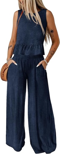 [B0D17MWTCP] Dokotoo Conjunto de pantalones para mujer, 2 piezas, sin mangas, cuello redondo, camisetas sin mangas, conjuntos a juego para mujer, cintura elástica, pierna ancha