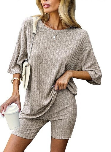 [B0BRKVGLT2] Ekouaer Pijamas de 2 piezas, conjuntos de descanso de punto acanalado, conjuntos a juego, camiseta y pantalones cortos de motociclista, ropa de dormir regular y grande