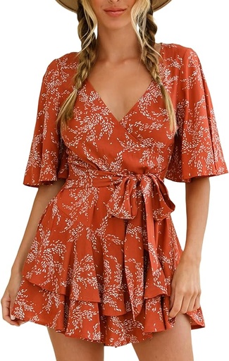 [B0D2LGLPQJ] Relipop Women's Summer Romper Floral V Neck Short Sleeve Waist Tie Knot Ruffle Hem Short Casual Rompers Jumpsuits