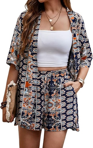 [B0B49H4S58] MakeMeChic Conjunto de 2 piezas para mujer, estilo bohemio, blusa tipo kimono y pantalones cortos con parte delantera abierta