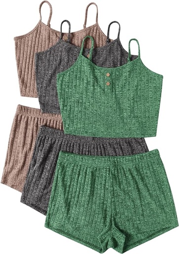 [B0BZR46T38] Ekouaer 3 conjuntos para mujer, pijamas acanalados, camiseta corta y pantalones cortos, pijamas casuales sin mangas con botones, conjunto de ropa de dormir S-XL