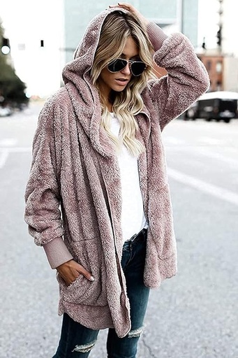 [B077FRXRT4] Cárdigan con capucha para mujer, mullido, abrigo de felpa abierto por delante, para invierno, abrigo con bolsillos
