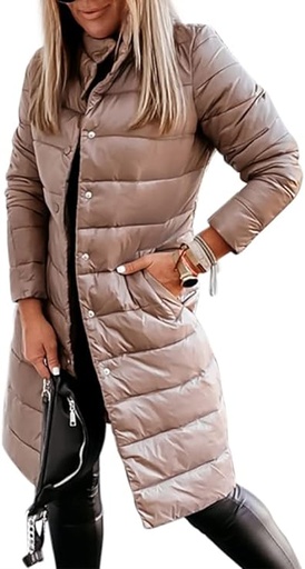 [B09JC9HFTV] Chaqueta acolchada larga de invierno para mujer, con cuello alto y botones, abrigo acolchado ligero
