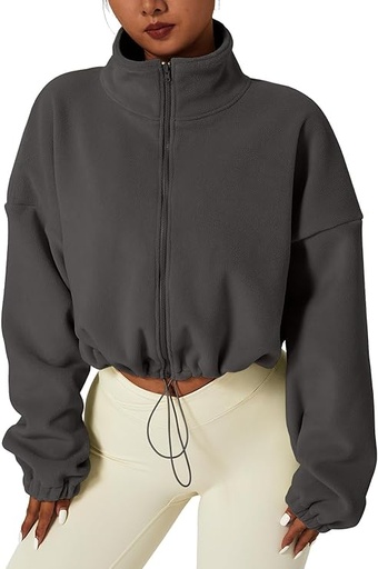 [B0BK97RH6W] QINSEN Chaqueta corta de forro polar con cremallera completa para mujer, abrigo corto de manga larga con cuello alto, abrigo corto Sherpa