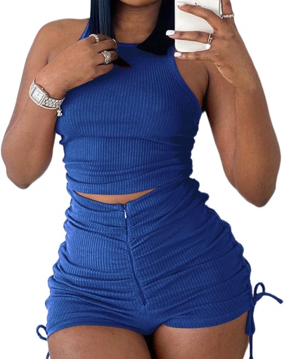 [ASIN ‏ : ‎ B09ZJW87HN] PYAEAS Conjunto de dos piezas de verano para mujer, casual, elástico, acanalado, camiseta corta acanalada, pantalones cortos fruncidos, conjunto deportivo de entrenamiento