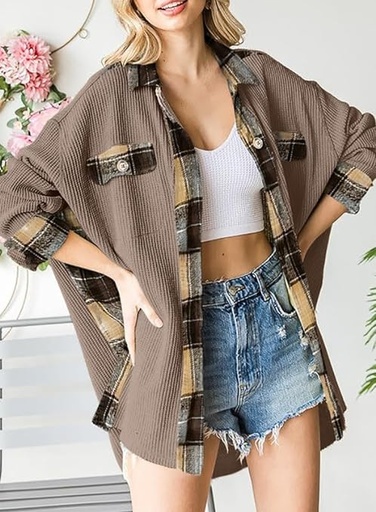 [B0C7NXPWBZ] SHEWIN Chaqueta de punto gofre para mujer, diseño a cuadros, con botones, holgada, de manga larga