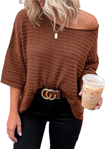 [B0BPH6J8C2] Blusa informal de manga 3/4 para mujer, suéter de punto tipo túnica, holgado, ligero, para otoño
