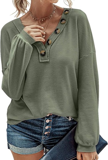 [B08CL2DBF1] Blusa de punto gofre para mujer, con cuello en V, de manga larga, informal, corte suelto, de color liso, con botones decorativos y ligera