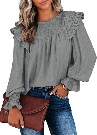 [B0C7KNF15L] Blusas casuales de manga larga con cuello redondo y volantes fruncidos para mujer