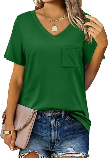 [B09NHN1WNG] Geifa Camisetas de manga corta con cuello en V para mujer, camisetas casuales de verano con bolsillo