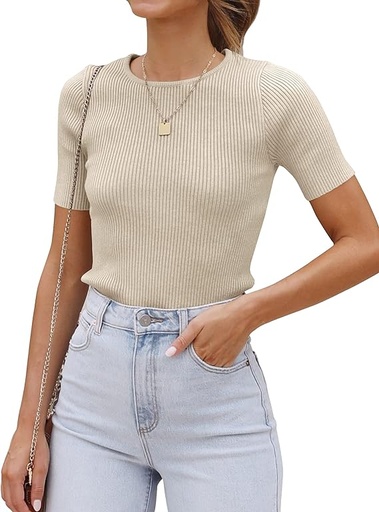 [B0CCNRJJ1N]  Camiseta de manga corta con cuello redondo para mujer, de verano, de punto acanalado, ajustada, básica, color sólido