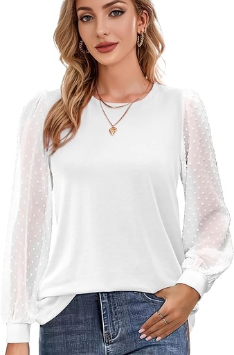 [B0CNVMV888] Camisas de manga larga de malla para mujer, blusas casuales elegantes, blusas de punto suizo, túnica de globo, túnica de moda con cuello redondo