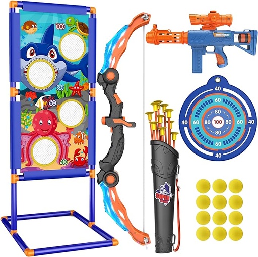 [B0CBXCQLPR] KKONES Juego de arco y flecha para niños, juguete de disparo 2 en 1, juego de tiro con luz LED con arco y pistola de aire, bolas de espuma, flechas de ventosa, objetivo, carcaj, juguetes para