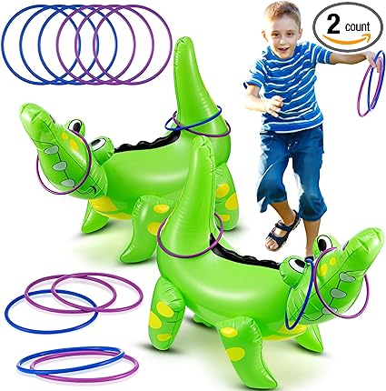 [B0CP3W49Q5] Civaner Juego de 2 juegos inflables de lanzamiento de anillos de cocodrilo, cada uno incluye 8 anillos, juego de lanzamiento de anillos inflables de reptil de 22 pulgadas, juego de cocodrilo para