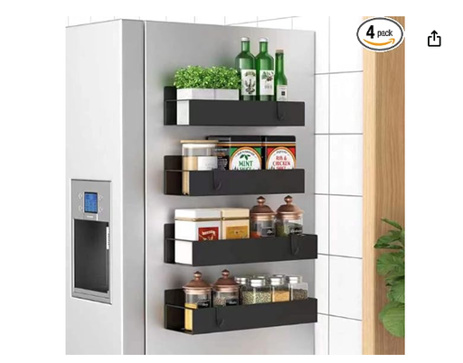 [B0C3H9MJQV] HuggieGems Paquete de 4 organizadores magnéticos de almacenamiento de especias para refrigerador y horno, organizadores negros para nevera y almacenamiento